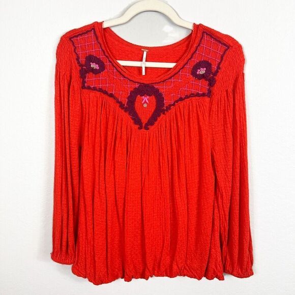 FREE PEOPLE Begonia Boho Burnt Orange Peasant Top Size Small - Picture 2 of 11